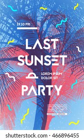 Summer party poster design template with palm trees silhouettes. Modern style. Vector illustration