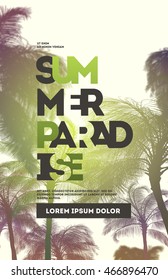 Summer party poster design template with palm trees silhouettes. Modern style. Vector illustration