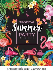 Summer Party Poster With Flamingoes And Tropical Flowers