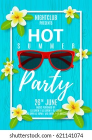 Summer party poster with flowers. Vector illustration. Invitation to nightclub. Beautiful background with plumeria flowers on wooden texture.