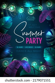 Summer party poster with fluorescent tropic leaves and modern electric lamps. Nature concept. Summer background. Vector illustration