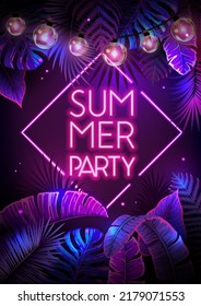 Summer party poster with fluorescent tropic leaves and modern electric lamps. Nature concept. Summer background. Vector illustration