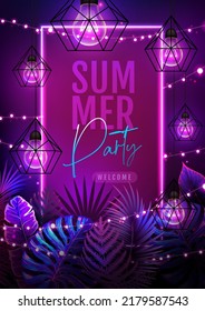 Summer party poster with fluorescent tropic leaves and modern electric lamps. Nature concept. Summer background. Vector illustration