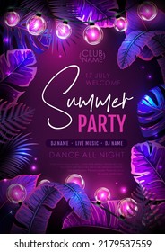 Summer party poster with fluorescent tropic leaves and modern electric lamps. Nature concept. Summer background. Vector illustration