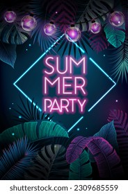 Summer party poster with fluorescent tropic leaves and modern electric lamps. Nature concept. Summer background. Vector illustration