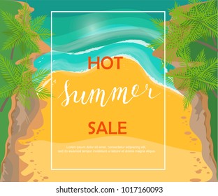 Summer party poster or flyer design with beach, palms and hand drawn lettering. Vector illustration eps 10