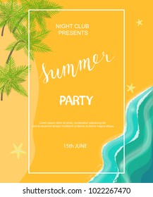 Summer party poster or flyer design with beach, palms and hand drawn lettering. Vector illustration eps 10