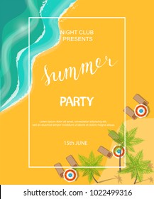 Summer party poster or flyer design with beach, palms and hand drawn lettering. Vector illustration eps 10