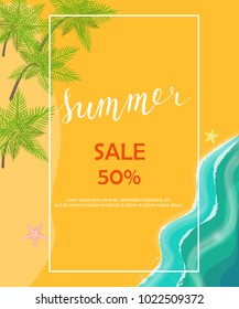 Summer party poster or flyer design with beach, palms and hand drawn lettering. Vector illustration eps 10