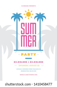 Summer party poster or flyer design template modern clean style. Night club event typography. Vector illustration.