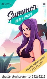 Summer party poster or flyer design template with sexy female on the beach. Party invitation. Modern style. Vector illustration