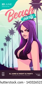 Summer party poster or flyer design template with sexy female on the beach. Party invitation. Modern style. Vector illustration
