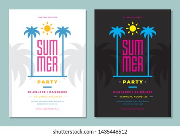 Summer party poster or flyer design template modern clean style. Night club event typography. Vector illustration.