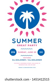 Summer party poster or flyer design template modern clean style. Night club event typography. Vector illustration.