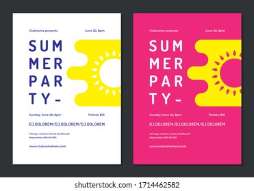 Summer party poster or flyer design template modern clean style. Night club event typography. Vector illustration.
