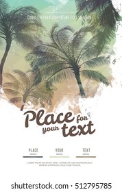 Summer party poster or flyer design template with palm trees silhouettes. Modern style. Vector illustration