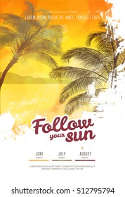 Summer party poster or flyer design template with palm trees silhouettes. Modern style. Vector illustration