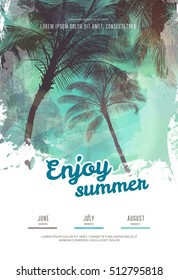 Summer party poster or flyer design template with palm trees silhouettes. Modern style. Vector illustration