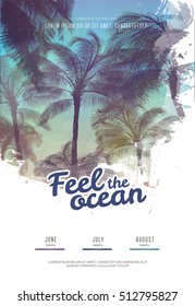 Summer party poster or flyer design template with palm trees silhouettes. Modern style. Vector illustration