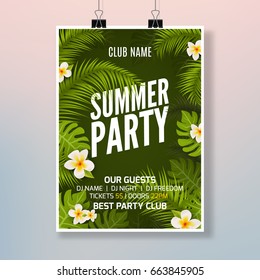 Summer party poster flyer design template. Summer tropic beach party with leafs. Dance summer event.