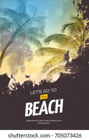 Summer party poster or flyer design template with palm trees silhouettes. Modern style. Vector illustration