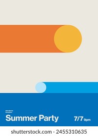 Summer party poster or flyer layout, vector template. Abstract illustration of sun and ocean. Minimal clean simple design.