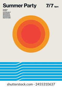 Summer party poster or flyer layout, vector template. Abstract illustration of sun and ocean. Minimal clean simple design.