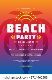 Summer party poster or flyer retro design template. Night club event typography. Vector illustration.