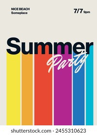 Summer party poster, flyer vector template. Funky colorful minimal retro design with rainbow colors stripes. Eps10 illustration.