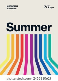 Summer party poster, flyer vector template. Funky colorful minimal retro design with rainbow colors stripes. Eps10 illustration.