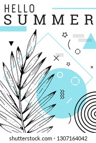 Summer party poster in geometric memphis style. Cool trendy flyer with type quote. Tropical elements for travel banner, music cover, fashion print. Palm leaf vector illustration on white background