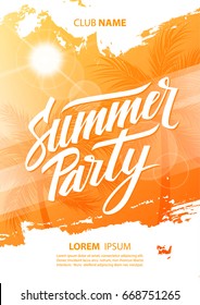 Summer party poster with hand lettering and palm trees. Vector illustration