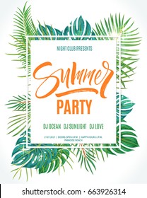 Summer party poster. Hand written lettering with exotic palm leaves and plants background. Brush painted letters, modern calligraphy, vector illustration.