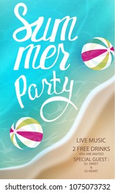 Summer party poster with inflatable balls in a sea water. View above.  Vector illustration