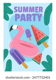 Summer party poster. Inflatable pink flamingo next to ice cream cone. Greeting and inviration postcard. Event and party in summertime. Cartoon flat vector illustration isolated on white background