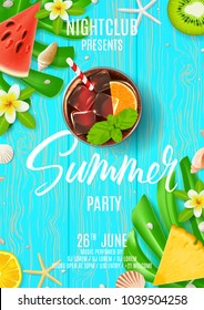 Summer party poster invitation. Top view on summer decoration with tropical fruit and fresh cocktail on wooden texture. Vector illustration. Invite to nightclub.