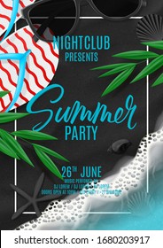 Summer party poster invitation. Vector illustration with top view on ocean scene with flip flops, sea waves, tropical leaves, sunglasses on black volcanic sand. Invitation to nightclub.