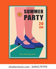 Summer party poster. Legs of young girl in blue shoes. Invitation and greeting postcard. Holiday and vacation, event. Your best day ever. Flat vector illustration isolated on red background