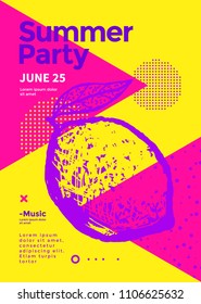 Summer party poster with lemon. 80s disco show flyer template. Vector illustration