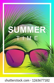 Summer party poster. Music and festival poster. Sunglasses on a beach under a palm leaf. Vacation banner concept. 