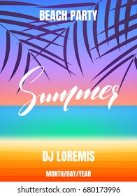 Summer party. Poster with ocean, sand beach, blue sky and sun. Summer background with hand lettering