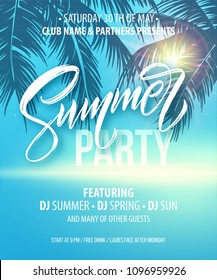 Summer party poster. Palm leaf and sea background. Vector illustration EPS10