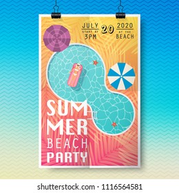 Summer party poster with palm leaf and lettering on wood texture background.