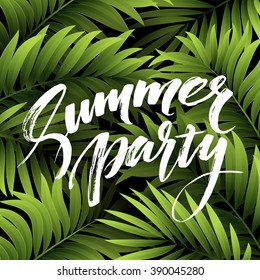 Summer party poster with palm leaf and lettering