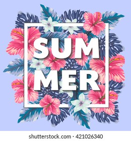 Summer party poster with palm leaf and tropical flowers.