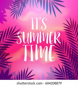 Summer party poster with palm leaf and lettering it's summer time. Vector poster template