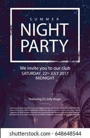 Summer Party Poster With Palm Trees. Night Party