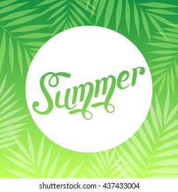 Summer Party Poster with Palm Tropical Leaf and Lettering. Colorful Vector Background.