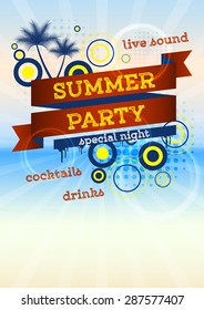 Summer party poster with palms, halftone effect and red ribbon 