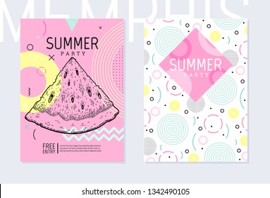 Summer party poster & pattern set, geometric memphis style. Cool trendy flyer with type quote. Tropical watermelon for travel banner, music cover, fashion print. Leaf vector illustration background